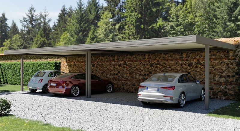 Carport aluminium double pour deux voitures - borne de recharge et rangement