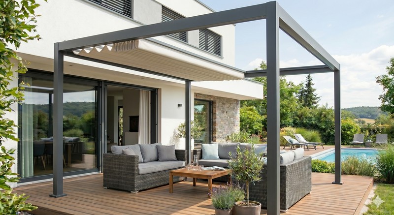 Pergola à toile rétractable motorisée en aluminium anthracite - terrasse lounge avec piscine