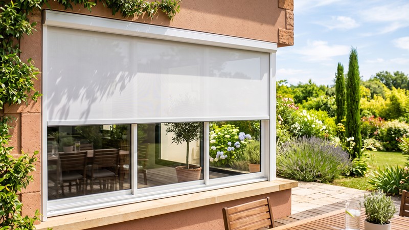 Store screen ZIP vertical extérieur blanc sur baie coulissante - toile screen micro-perforée anti-chaleur