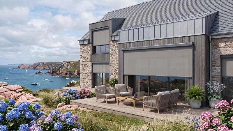 Store coffre vertical extérieur sur maison en bord de mer - protection solaire des fenêtres et baies vitrées