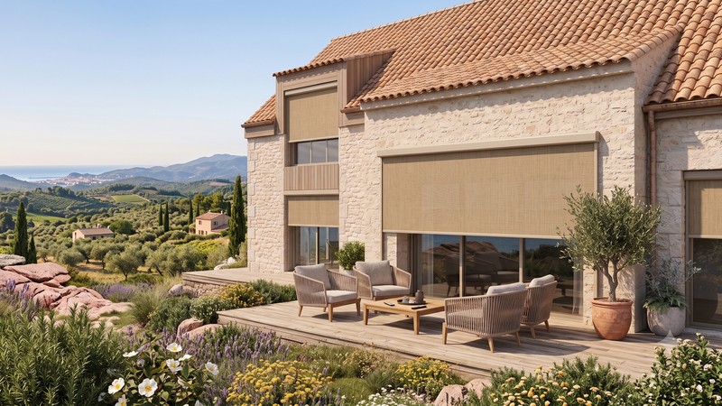 Store coffre vertical extérieur sur maison en pierre en Provence - toile screen sable sur mesure