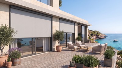 Stores coffre vertical grandes dimensions sur villa contemporaine - grandes baies vitrées face à la mer