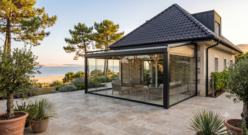 Pergola aluminium à toit fixe fermée par parois vitrées face à la mer - bassin d'Arcachon