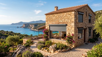 Volet roulant rénovation électrique sur mesure gris anthracite sur maison en pierre face à la Méditerranée