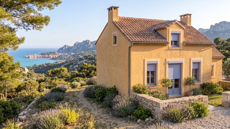 Volets roulants rénovation gris alu sur maison provençale ocre — pose sans travaux en Provence