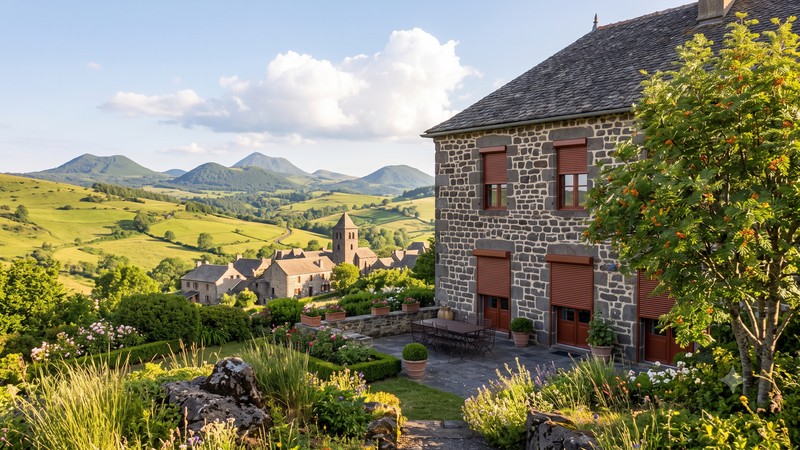 Volets roulants rénovation brun-rouge sur maison en pierre volcanique en Auvergne
