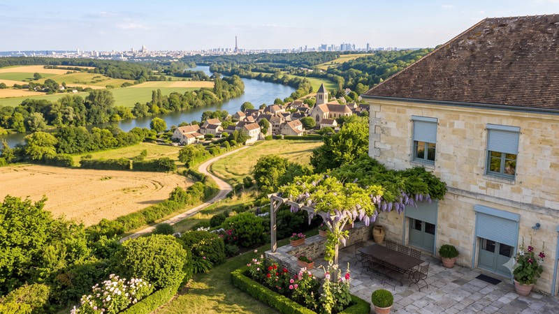 Volets roulants rénovation avec moustiquaire intégrée gris clair sur maison en pierre en Île-de-France, Paris à l'horizon