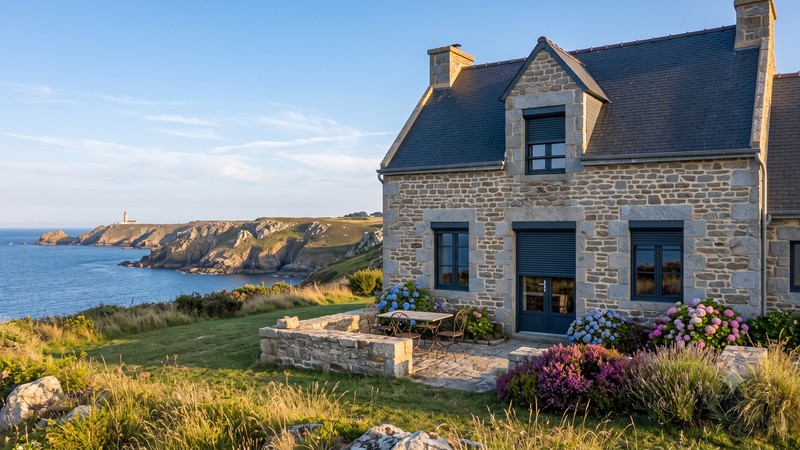 Volets roulants rénovation gris anthracite sur maison bretonne en granit face à la mer
