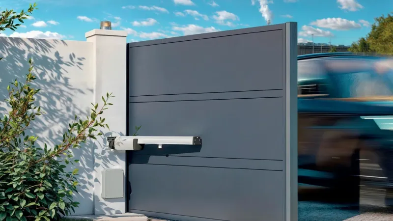 Moteur à vérin Ixengo 3S+ io installé sur portail battant aluminium — faible écoinçon