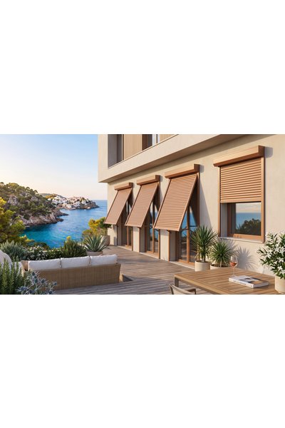 Volets roulants rénovation à projection beige sable sur villa contemporaine, terrasse face à la crique