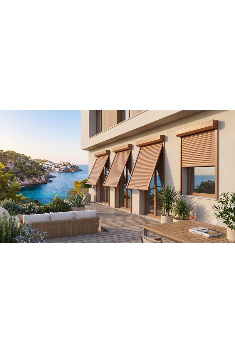 Volets roulants rénovation à projection beige sable sur villa contemporaine, terrasse face à la crique