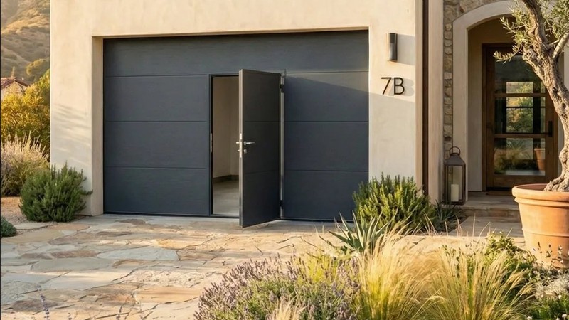 Porte de garage sectionnelle avec portillon intégré gris anthracite – portillon ouvert, panneaux lisses sur mesure