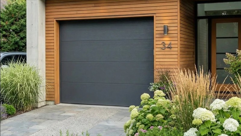 Porte de garage sectionnelle gris anthracite motif 1 ligne – portillon intégré possible sur toute la gamme