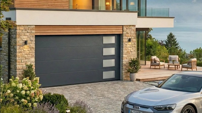 Porte de garage sectionnelle anthracite avec hublots latéraux – compatible portillon intégré