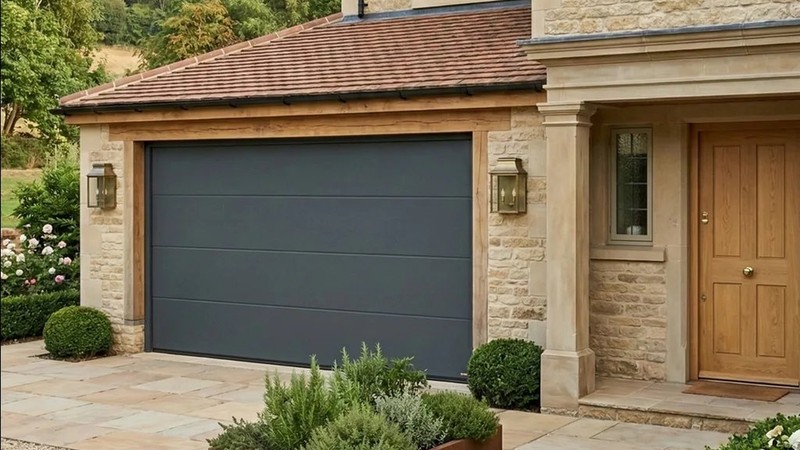Porte de garage sectionnelle gris anthracite fermée sur maison en pierre – version avec portillon disponible