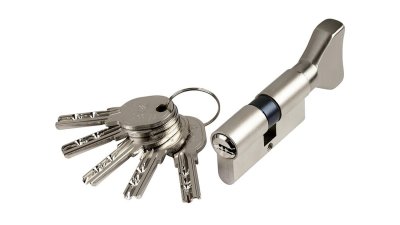 Cylindre double à bouton ISEO R6 laiton nickelé, clé à l'extérieur et bouton à l'intérieur