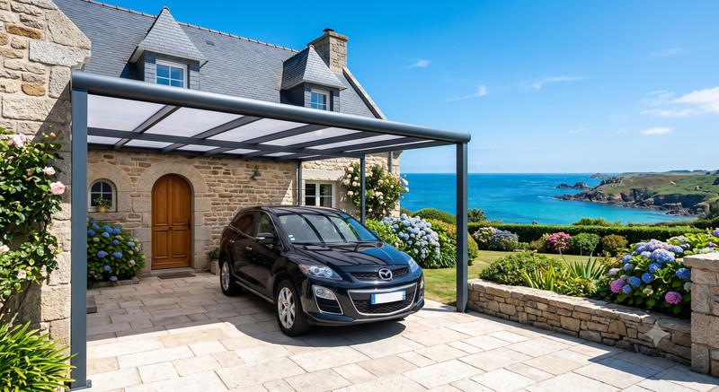 Carport aluminium à toit polycarbonate devant une maison en pierre – abri de voiture lumineux