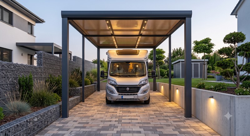 Carport camping-car autoportant en aluminium, hauteur 3,50 m – abri camping-car avec spots LED