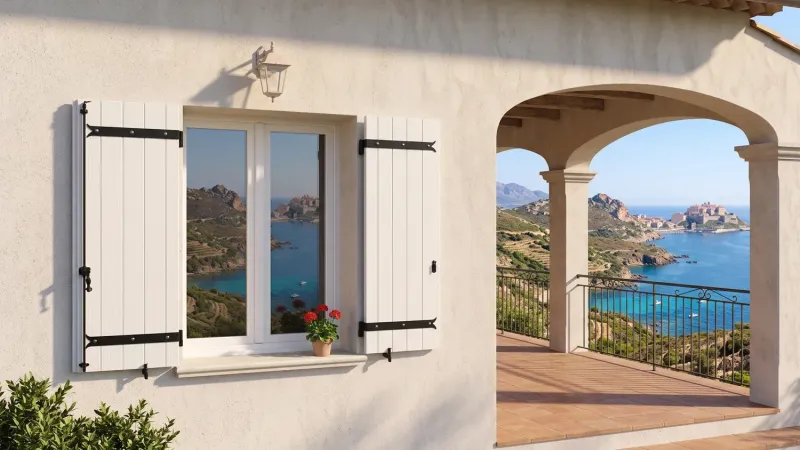 Volet battant PVC plein blanc à lames verticales et pentures noires sur une maison avec vue mer en bord de Méditerranée