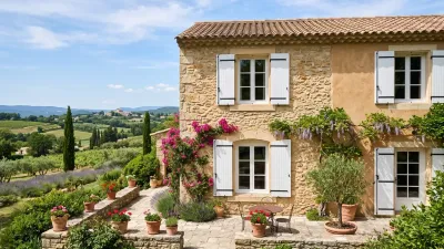 Volets battants PVC pleins blancs sur un mas en pierre en Provence, entre vignes, lavande et cyprès