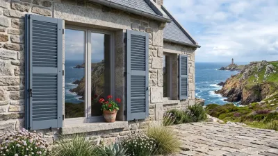 Volets battants PVC persiennés gris-bleu sur une maison en granit face à l'océan en Bretagne, phare au loin