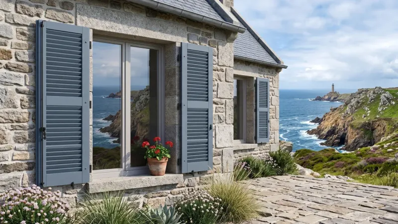 Volets battants PVC persiennés gris-bleu sur une maison en granit face à l'océan en Bretagne, phare au loin