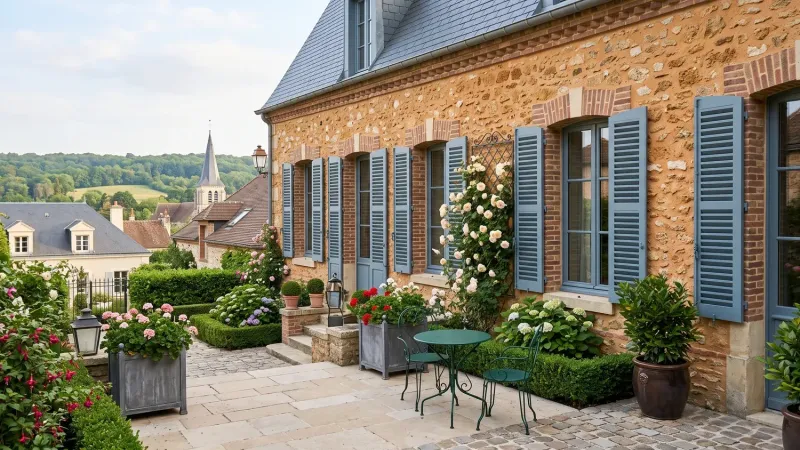 Volets battants PVC persiennés bleu-gris sur une maison en brique et pierre en Île-de-France, jardin fleuri