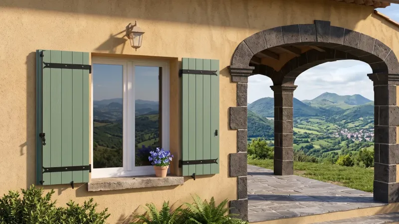 Volet battant bois plein vert sauge à pentures noires sur une maison face aux montagnes d'Auvergne