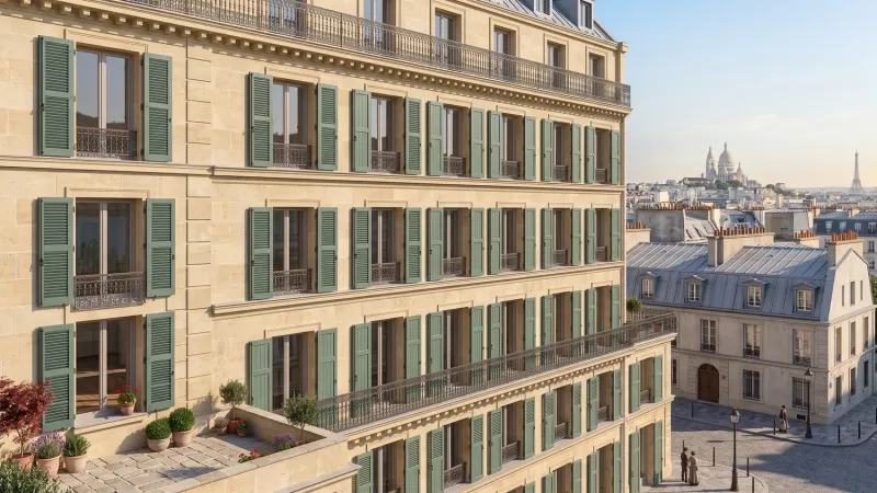 Volets battants bois persiennés verts sur une façade haussmannienne à Paris