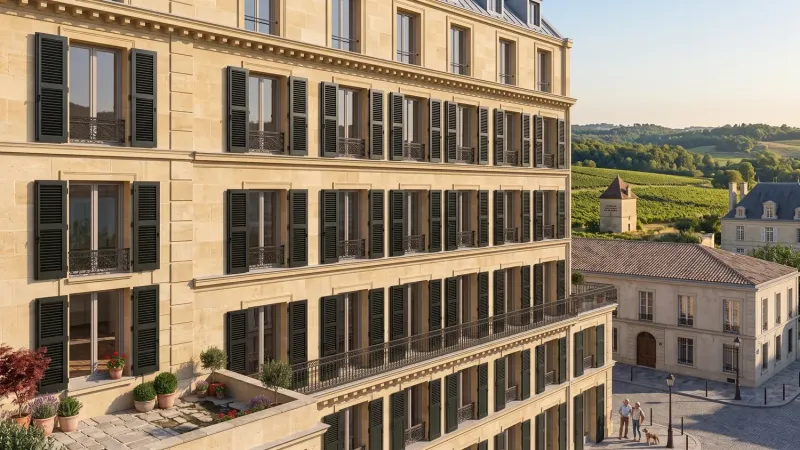 Volets battants bois persiennés noirs sur une façade en pierre blonde à Bordeaux, face aux vignes de Gironde