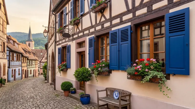 Volets battants bois persiennés bleus sur une maison à colombages dans une ruelle pavée d'Alsace