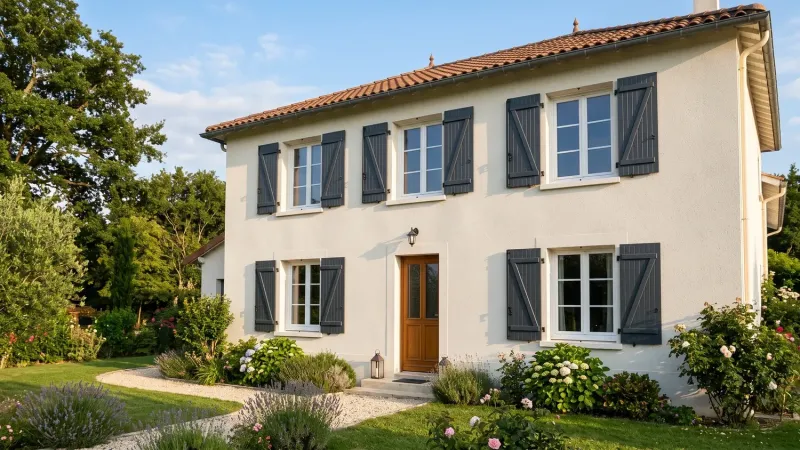 Volets battants PVC gris anthracite à barres et écharpe en Z sur une maison en enduit clair avec jardin fleuri