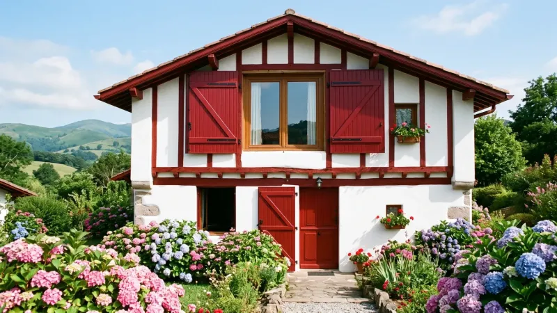 Volets battants PVC rouges à barres et écharpe sur une maison basque blanche à colombages, hortensias au jardin