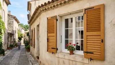 Volets PVC persiennés imitation bois chêne doré sur une maison de village en enduit, dans une ruelle pavée