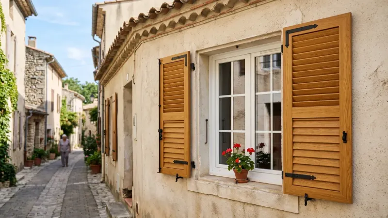 Volets PVC persiennés imitation bois chêne doré sur une maison de village en enduit, dans une ruelle pavée