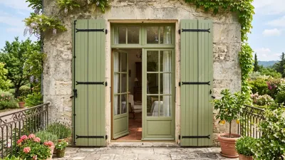 Volet bois 4 vantaux vert sauge à pentures noires, 2 vantaux ouverts de chaque côté d'une porte-fenêtre