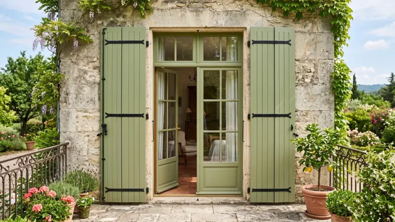 Volet bois 4 vantaux vert sauge à pentures noires, 2 vantaux ouverts de chaque côté d'une porte-fenêtre