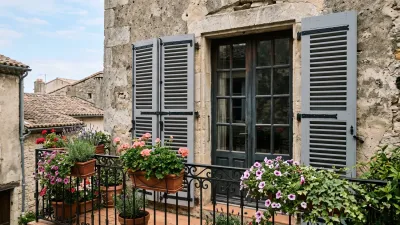 Volet bois persienné 3 vantaux gris clair sur une porte-fenêtre à balcon, 2 vantaux d'un côté et 1 de l'autre