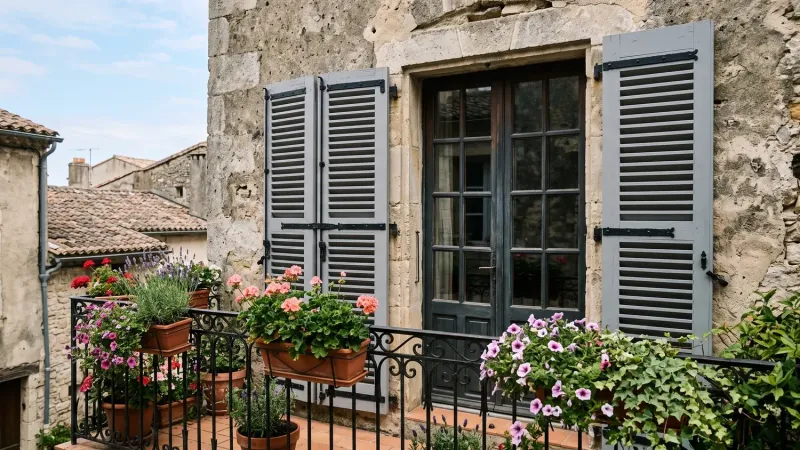 Volet bois persienné 3 vantaux gris clair sur une porte-fenêtre à balcon, 2 vantaux d'un côté et 1 de l'autre