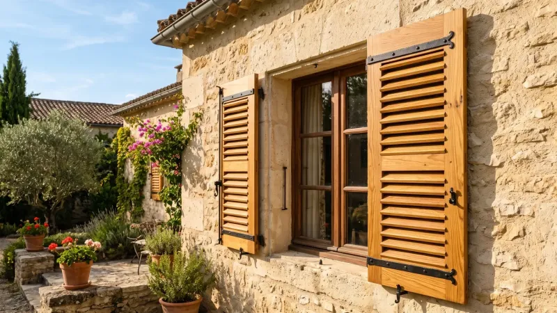 Volets battants en bois exotique persiennés, lasurés chêne clair, sur une maison en pierre blonde avec olivier