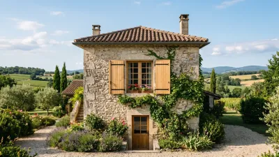 Volets battants en bois exotique pleins, lasurés chêne clair, sur une maison de campagne en pierre entre vignes et cyprès