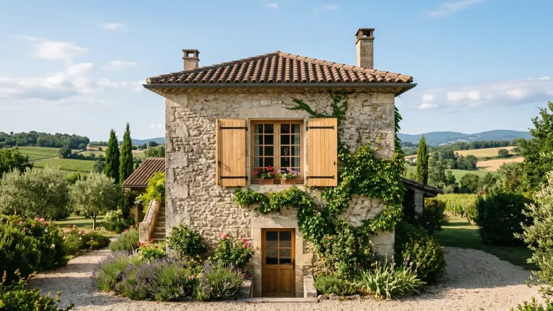 Volets battants en bois exotique pleins, lasurés chêne clair, sur une maison de campagne en pierre entre vignes et cyprès