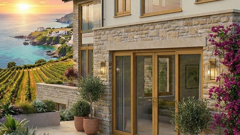 Porte-fenetre PVC 1 ouvrant oscillo-battant sur mesure Aluplast - villa en pierre sur la Mediterranee