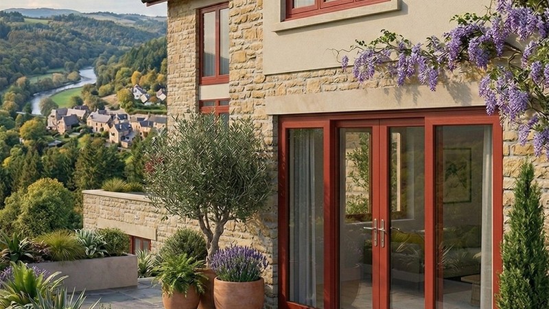 Porte-fenetre PVC 2 ouvrants sur mesure Aluplast - maison en pierre dans la vallee du Lot