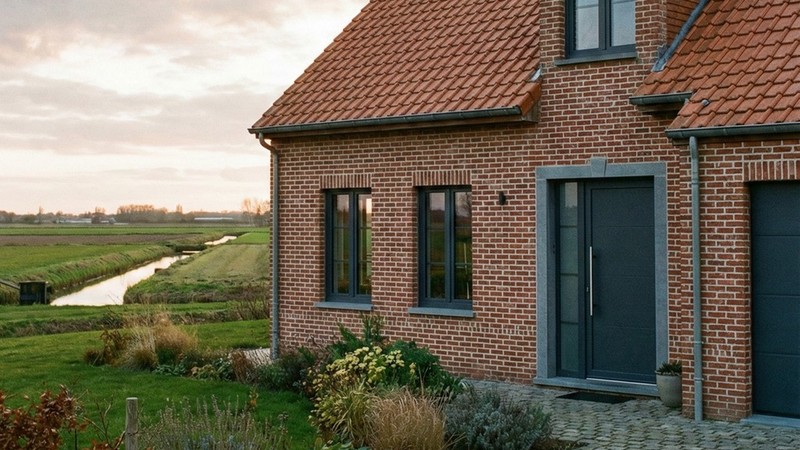 Porte-fenetre PVC 2 ouvrants sur mesure Aluplast - maison en briques dans le Nord