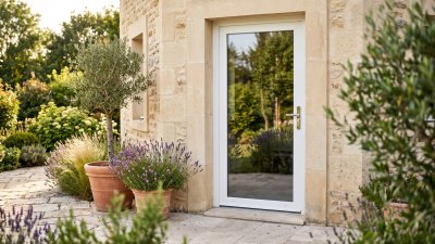 Porte-fenêtre PVC 1 ouvrant sur mesure – vue extérieure depuis la terrasse