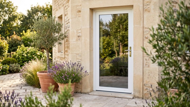 Porte-fenêtre PVC 1 ouvrant sur mesure – vue extérieure depuis la terrasse