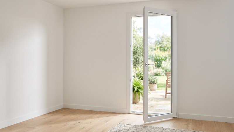 Porte-fenêtre PVC 1 ouvrant oscillo-battant sur mesure – vue intérieure ouverte sur le jardin