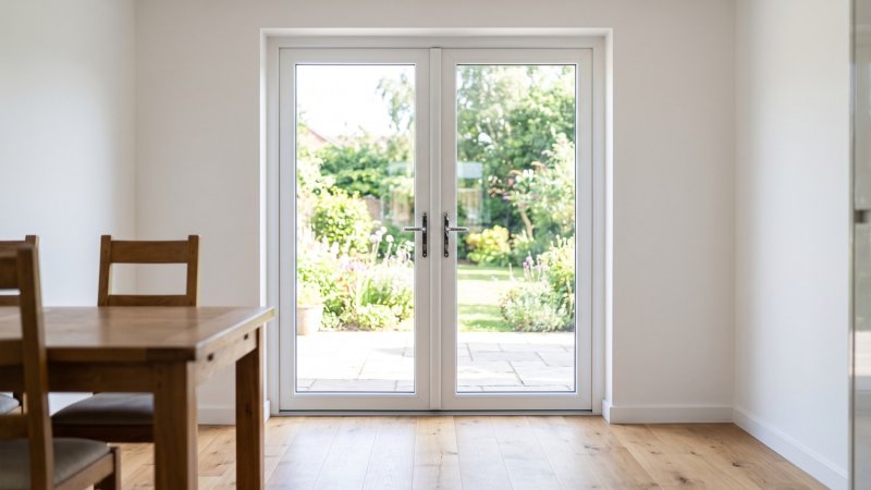 Porte-fenêtre PVC 2 ouvrants sur mesure – vue intérieure depuis la salle à manger
