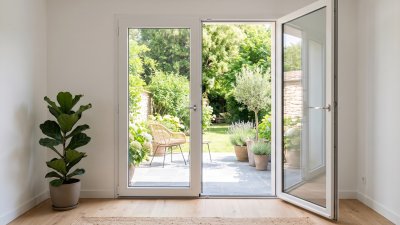 Porte-fenêtre PVC 2 ouvrants sur mesure – vue intérieure, un vantail ouvert sur le jardin